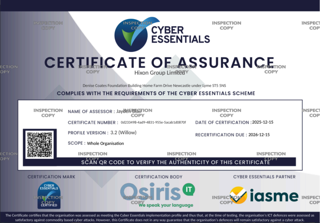 Cyber Essentials Certificate - Hixon Group